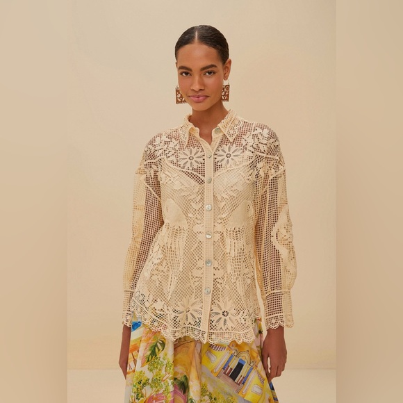 FARM Rio Tops - Farm Rio: Sand Landscape Guipure Shirt